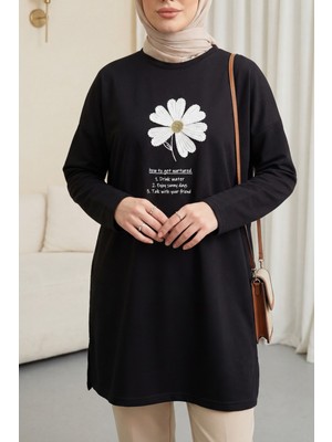 Moda Morfo Önü Çiçek Nakışlı Bisiklet Yaka Penye Tunik -Siyah