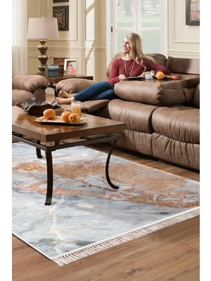 Alanur Home Kaymaz Dijital Mutfak & Salon Halı Star Pamuk Saçaklı Mermer E5034