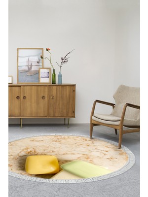 Alanur Home Kaymaz Dijital Mutfak & Salon Halı Yıldız Deri Saçaklı Yuvarlak Mermer E5033
