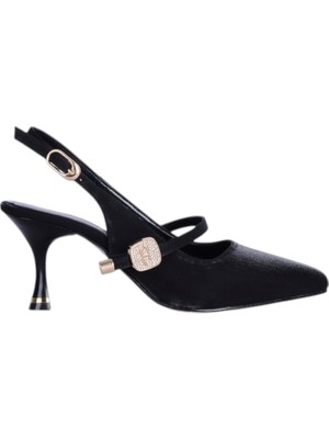 Moda Ayakkabı Alens 2813 Siyah 7cm  Slingback Cilt Kadın Topuklu Ayakkabı