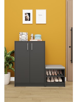 Asra Trend Lüks 2 Kapaklı Oturma Puflu Ayakkabılık Düzenleyici %100 MDF Çok Amaçlı Dolap A28