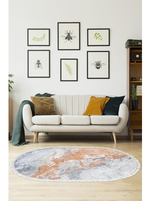 Alanur Home Kaymaz Dijital Mutfak & Salon Halı Star Pamuk Saçaklı Oval Mermer E5034