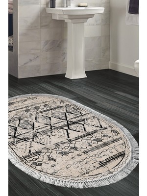 Dekoreko Kaymaz Taban Djt Banyo Halısı Yıldız Deri Saçaklı Oval Iskandinav M5141