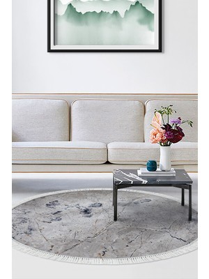 Alanur Home Kaymaz Dijital Mutfak & Salon Halı Yıldız Deri Saçaklı Yuvarlak Mermer E5037