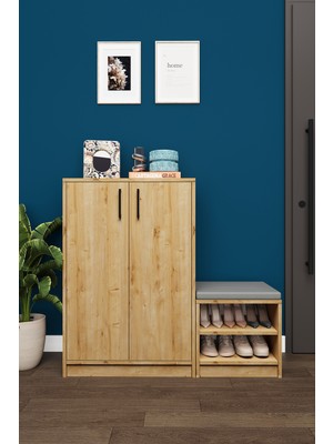 Asra Trend Lüks 2 Kapaklı Oturma Puflu Ayakkabılık Düzenleyici %100 MDF Çok Amaçlı Dolap A22