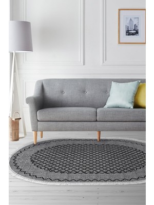 Dekoreko Kaymaz Taban Djt Salon Halısı Yıldız Deri Saçaklı Oval Modern M5001