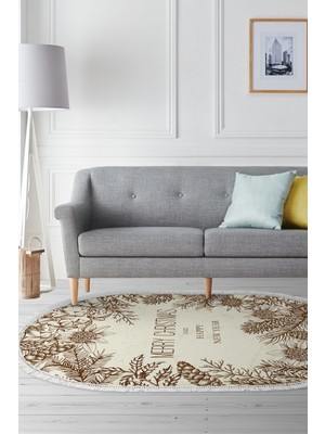 Alanur Home Kaymaz Dijital Mutfak & Salon Halı Trend Saçaklı Oval Yılbaşı AL5033