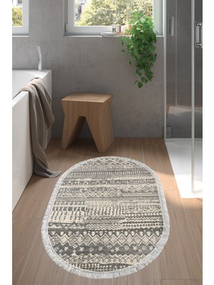 Dekoreko Kaymaz Taban Djt Banyo Halısı Yıldız Deri Saçaklı Oval Iskandinav F5080