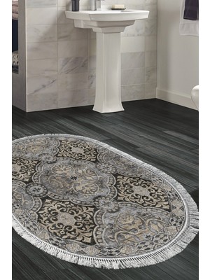 Dekoreko Kaymaz Taban Djt Banyo Halısı Yıldız Deri Saçaklı Oval Modern 659M