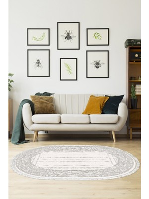 Dekoreko Kaymaz Taban Djt Salon Halısı Yıldız Deri Saçaklı Oval Modern M5076