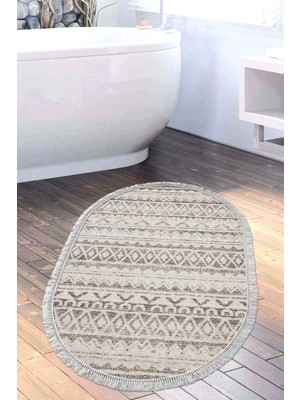 Dekoreko Kaymaz Taban Djt Banyo Halısı Yıldız Deri Saçaklı Oval Iskandinav F5078