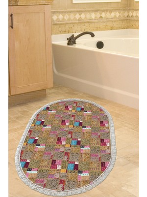 Dekoreko Kaymaz Taban Djt Banyo Halısı Yıldız Deri Saçaklı Oval Modern 2155M