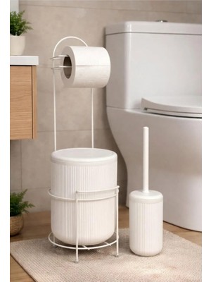 Okyanus Home Beyaz Stantlı Wc Kağıtlık Lineayuvarlak Çöp Kovası ve Wc Fırça Seti