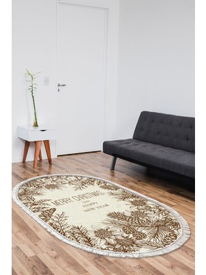 Alanur Home Kaymaz Dijital Mutfak & Salon Halı Star Pamuk Saçaklı Oval Yılbaşı AL5033