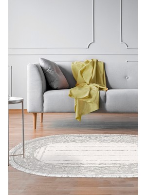 Dekoreko Kaymaz Taban Djt Salon Halısı Star Pamuk Saçaklı Oval Modern M5076