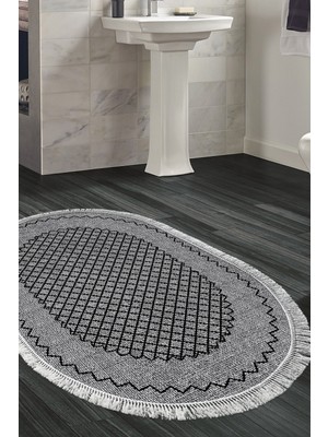Dekoreko Kaymaz Taban Djt Banyo Halısı Trend Saçaklı Oval Modern M5001