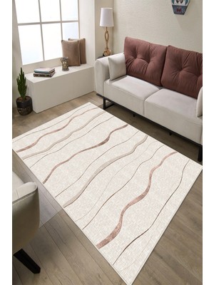 Mortapi Kiremit Çizgili Modern Baskılı Kaymaz Yıkanabilir Salon Oturma Odası Mutfak Antre Halısı Yolluk