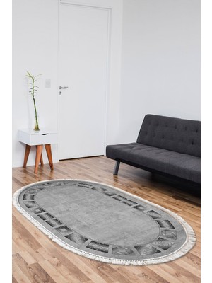 Dekoreko Kaymaz Taban Djt Salon Halısı Yıldız Deri Saçaklı Oval Modern 691M