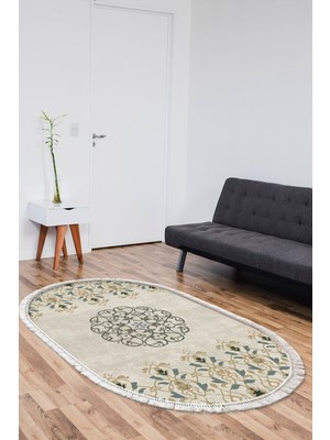 Dekoreko Kaymaz Taban Djt Salon Halısı Yıldız Deri Saçaklı Oval Modern 1491