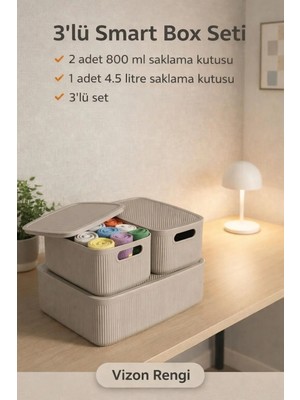 Okyanus Home Linea Smart Box Vizon 3lü Set 1 Adet 4,5 Lt 2 Adet 2,4 Lt Kapaklı Çok Amaçlı Saklama Kutusu