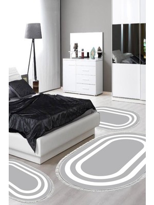 Alanur Home Eko Trend Djt Yıkanabilir Kaymaz Taban Oval 3 Lü Yatak Odası Takımı 2229M Bordürlü Gri Beyaz