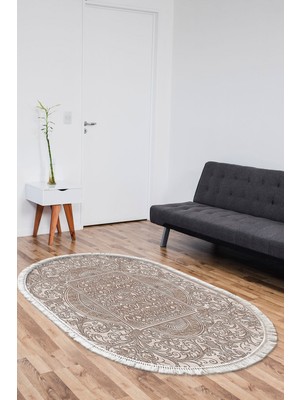 Dekoreko Kaymaz Taban Djt Salon Halısı Yıldız Deri Saçaklı Oval Modern 1488