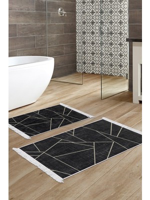 Alanur Home Eko Trend Djt 2 Li Yıkanabilir Kaymaz Taban Banyo Paspas Klozet Takımı 717 Modern Lacivert (60 x 100 - 50 x 60)