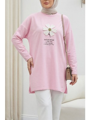 Moda Morfo Önü Çiçek Nakışlı Bisiklet Yaka Penye Tunik -Pembe
