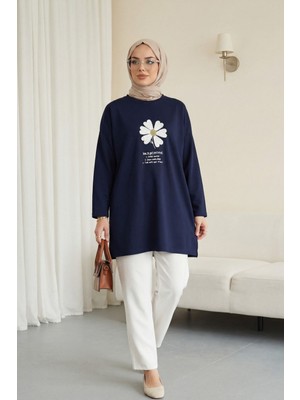 Moda Morfo Önü Çiçek Nakışlı Bisiklet Yaka Penye Tunik -Laci