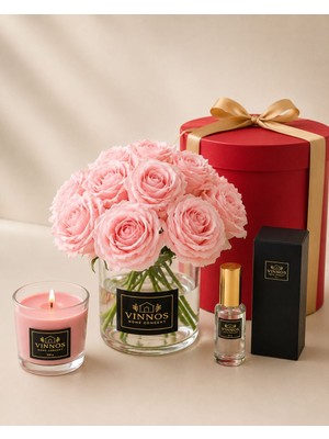 Vinnos Home & Concept 15'li Pembe Dokulu Yapay Gül Aranjmanı - Cam Vazolu Mum ve 30 ml Oda Kokulu Dekoratif Hediye Seti