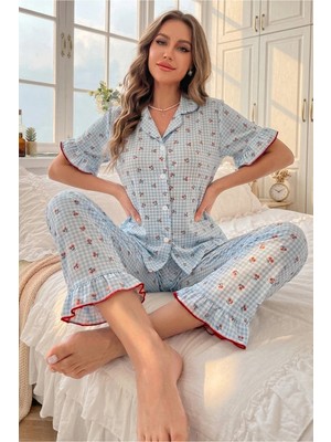 Bella Notte Mavi Soft Kiraz Desenli Kısa Kollu Yazlık Pijama Takımı