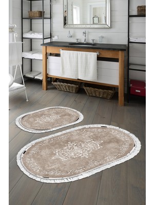 Alanur Home Eko Trend Djt 2 Li Yıkanabilir Kaymaz Taban Oval Banyo Paspas Klozet Takımı 616 Klasik Bej (50 x 80 - 40 x 50)