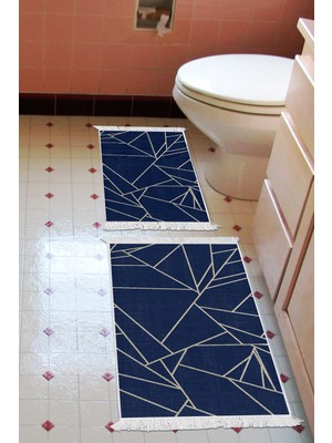 Alanur Home Eko Trend Djt 2 Li Yıkanabilir Kaymaz Taban Banyo Paspas Klozet Takımı 717 Modern Lacivert (50 x 80 - 40 x 50)