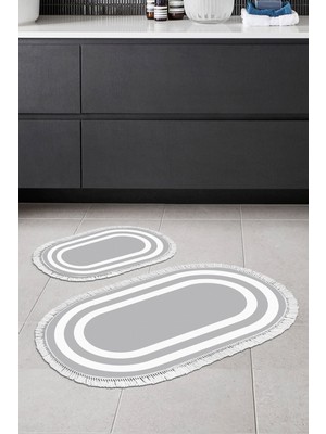 Alanur Home Eko Trend Djt 2 Li Yıkanabilir Kaymaz Taban Oval Banyo Paspas Klozet Takımı 2229M Bordürlü Gri Beyaz (60 x 100 - 50 x 60)