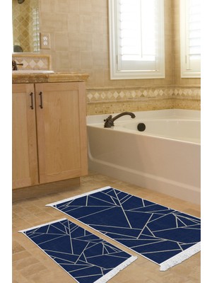 Alanur Home Eko Trend Djt 2 Li Yıkanabilir Kaymaz Taban Banyo Paspas Klozet Takımı 717 Modern Lacivert (60 x 100 - 50 x 60)