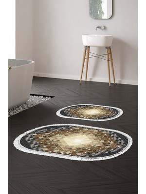 Alanur Home Eko Trend Djt 2 Li Yıkanabilir Kaymaz Taban Oval Banyo Paspas Klozet Takımı 759 Patchwork Siyah (60 x 100 - 50 x 60)