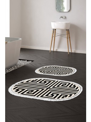 Alanur Home Eko Trend Djt 2 Li Yıkanabilir Kaymaz Taban Oval Banyo Paspas Klozet Takımı 658M Modern Siyah (60 x 100 - 50 x 60)