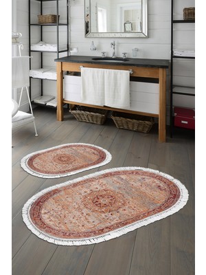 Alanur Home Eko Trend Djt 2 Li Yıkanabilir Kaymaz Taban Oval Banyo Paspas Klozet Takımı P1356 Vintage Kırmızı (60 x 100 - 50 x 60)