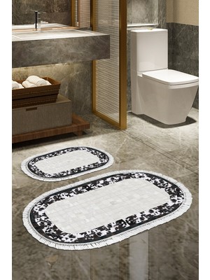 Alanur Home Eko Trend Djt 2 Li Yıkanabilir Kaymaz Taban Oval Banyo Paspas Klozet Takımı 1495 Modern Siyah (50 x 80 - 40 x 50)
