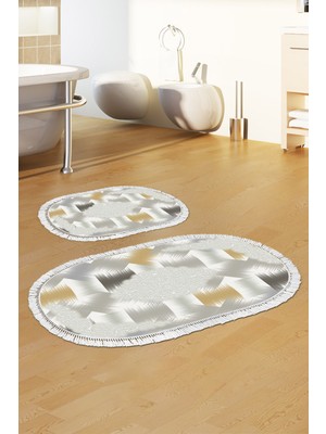 Alanur Home Eko Trend Djt 2 Li Yıkanabilir Kaymaz Taban Oval Banyo Paspas Klozet Takımı S1030 Modern Krem (50 x 80 - 40 x 50)