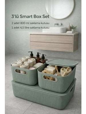 Okyanus Home Linea Smart Box Yeşil 3lü Set 1 Adet 4,5 Lt 2 Adet 2,4 Lt Kapaklı Çok Amaçlı Saklama Kutusu