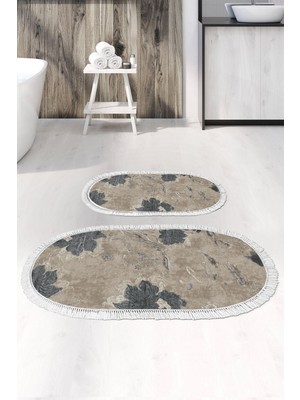 Alanur Home Eko Trend Djt 2 Li Yıkanabilir Kaymaz Taban Oval Banyo Paspas Klozet Takımı 660M Suluboya Bej (60 x 100 - 50 x 60)