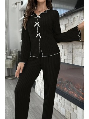 Bella Notte Siyah Pamuklu Fiyonk Detaylı Uzun Kollu Pijama Takımı