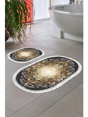 Alanur Home Eko Trend Djt 2 Li Yıkanabilir Kaymaz Taban Oval Banyo Paspas Klozet Takımı 759 Patchwork Siyah (50 x 80 - 40 x 50)