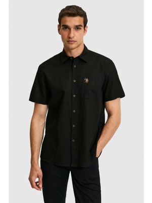 U.S. Polo Assn. Erkek Siyah Kısa Kollu Keten Karışımlı Gömlek 50319023-VR046
