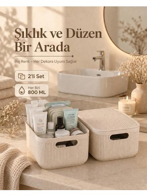 Okyanus Home Linea Smart Box Bej 2,4 Lt 2 Adet Kapaklı Çok Amaçlı Saklama Kutusu