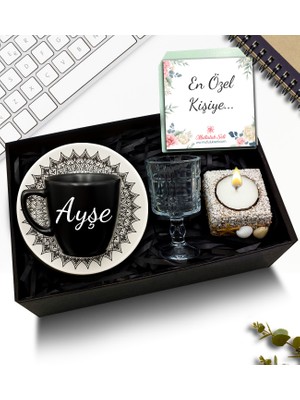 As Gift Kişiye Özel Siyah Fincan & Kahve Yanı Cam Su Bardağı & Dekoratif Mum Hediye Seti