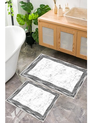 Mortapi Çerçeveli Modern Desenli Dijital Baskılı Yıkanabilir 2li Banyo Paspası