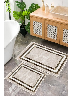 Mortapi Çerçeve Desenli Dijital Baskılı Yıkanabilir 2li Banyo Paspası
