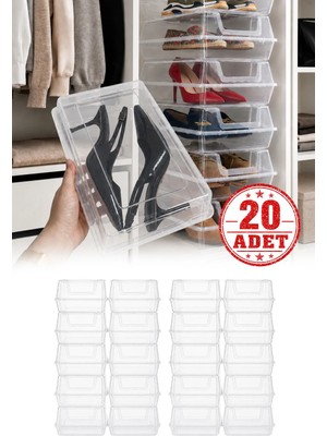 Omilife 20'li Şeffaf Ayakkabı Kutusu Kapaklı İstiflenebilir Kadın Ayakkabı Organizer